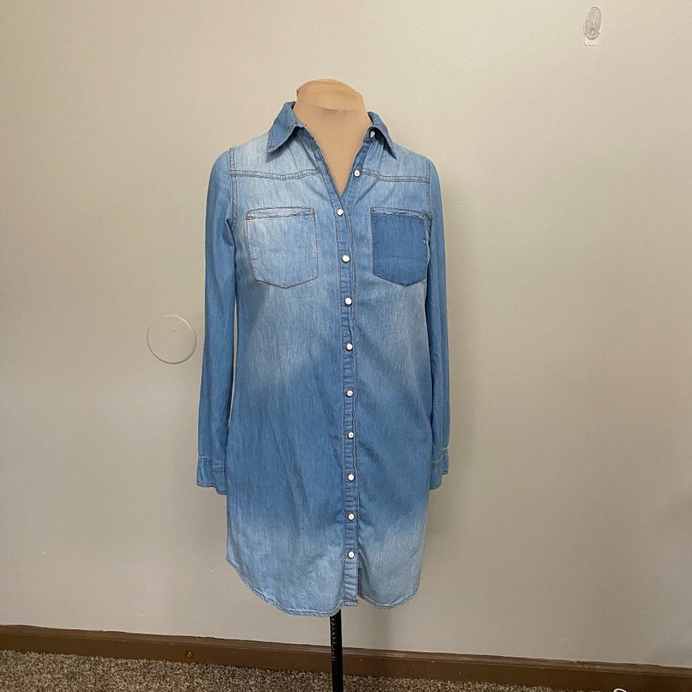 Leshop Size Small Petite Women's Chambray Denim Button Down Midi Shirt Dress